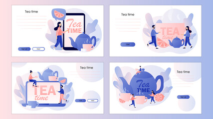 Tea time concept. Hot drinks party. Tiny people drinking tea. Kettle, cup, lemon. Screen template for mobile smart phone, landing page, template, ui, web, mobile app, poster, banner, flyer. Vector 