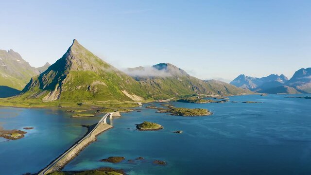 Flying above Fredvang bridge on Lofoten islands in Norway