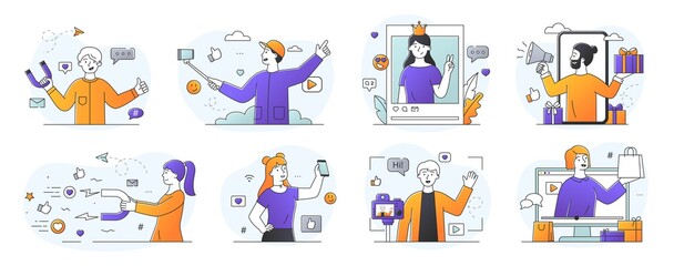 Set of eight designs showing Social Influencers on mobile apps, live streaming for digital media engaged in different activities or promotions or imparting their expertise, outline vector illustration