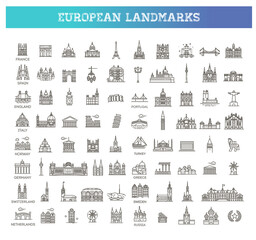 Simple linear Vector icon set representing global tourist european landmarks and travel destinations for vacations - 415618712