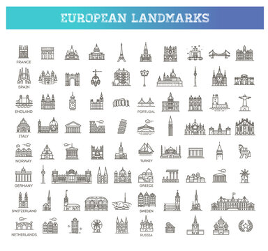 Simple linear Vector icon set representing global tourist european landmarks and travel destinations for vacations