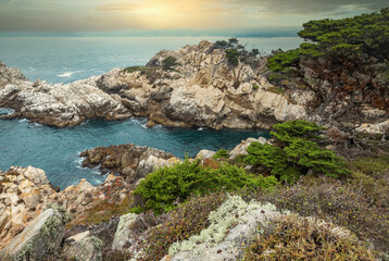 Fototapeta na wymiar Beautiful landscape, view rocky Pacific Ocean coast at Point Lobos State Reserve in Carmel, California.