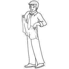 sketch of a man who holds a rag in his hands and helps around the house, coloring, isolated object on a white background, vector illustration,