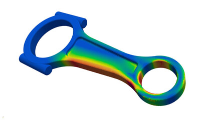 3D Illustration. Isometric facing left view Von Mises engineering stress plot of an engine connecting rod © Mathew