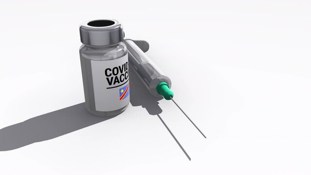 Seamless looping 3D animated syringe and bottle of covid-19 vaccine with the flag of Democratic Republic of the Congo in 4K resolution 