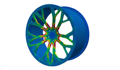 3D Illustration. Isometric facing left view Von Mises engineering stress plot of vehicle alloy wheel © Mathew