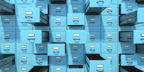 Archive file cabinets blue color background. Open drawers. 3d illustration - obrazy, fototapety, plakaty