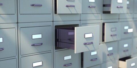 Archive file cabinets grey color background. Open drawers. 3d illustration