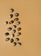 Natural organic quail eggs on a trendy beige background photographed with hard lights and shadows. Minimalistic frame, easter concept. Top view, Banner with copy space.
