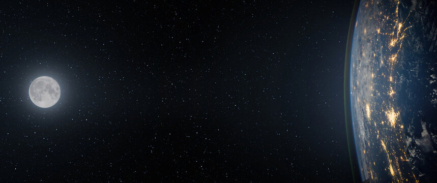 Full moon. and planet Earth against the background of the starry night sky. Space background with Earth and satellite Moon. Elements of this image furnished by NASA.