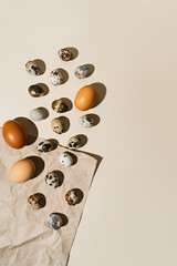 Natural organic quail and chicken eggs on a trendy beige background photographed with hard lights and shadows. Minimalistic frame, easter concept. Top view, Banner with copy space.