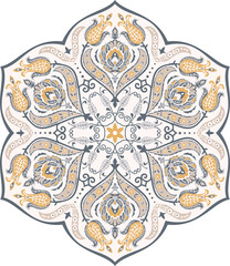 Floral hand drawn Mandala. Turkish motif. Round colorful floral ornament in traditional Oriental pattern. Isolated decorative element for card design, t-shirt print, ceramic tile.