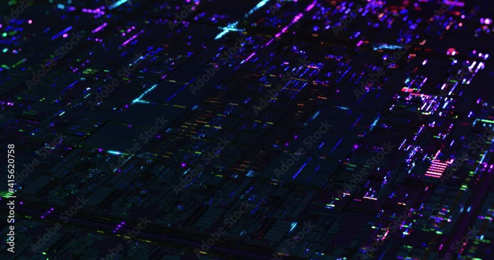 Poster abstract circuit background with neon lines and dots connecting together, dof. futuristic high techn