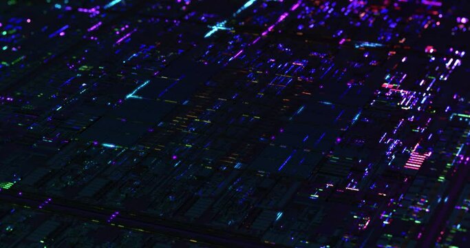 Abstract circuit background with neon lines and dots connecting together, DOF. Futuristic High Technology computer technology concept. 4K loop, 3D rendering.