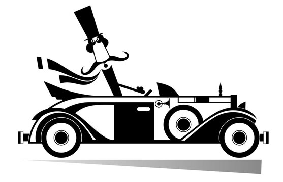 recommend clip art: Mustache man drives a retro car isolated. Smiling mustache man in the top hat drives a retro car black on white illustration 