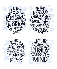 Set with lettering slogans about be yourself. Funny quotes for blog, poster and print design. Modern calligraphy texts about selfcare. Vector