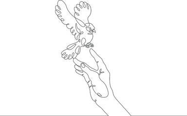 The bird sits on the human hand. Bird flying in the air. Open palm. One continuous drawing line  logo single hand drawn art doodle isolated minimal illustration.