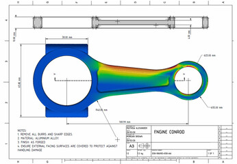 3D Illustration. Face on view Von Mises engineering stress plot of an engine connecting rod on technical drawing © Mathew