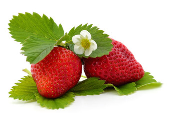 Two red strawberries and green leaves with a flower.