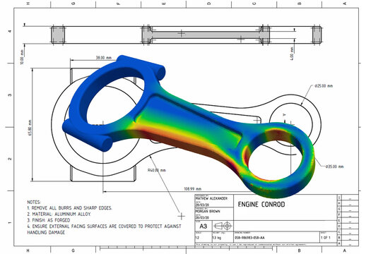 3D Illustration. Isometric Facing Left View Von Mises Engineering Stress Plot Of An Engine Connecting Rod On Technical Drawing