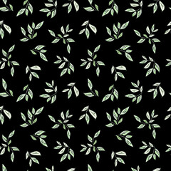 Drawing with branches of green leaves on a black background.