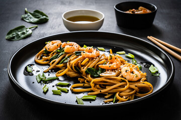 Asian food - noodles with prawns in soy sauce with spinach on black table