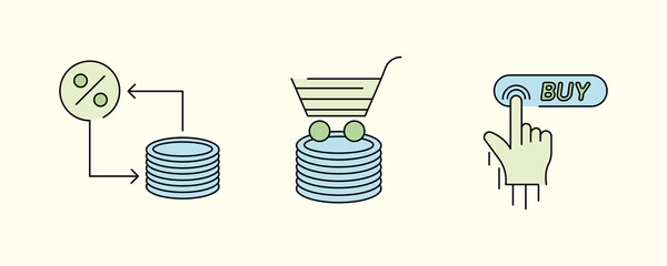 Market and Shopping Line Icons Set. Such Icons include topics such as marketing, online purchases and money exchange. Colored agriculture icon set. Editable Stroke.