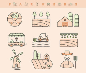Fototapeta premium Farming and Farming Line Icons Set. Such Icons include topics such as mill, farmer man, tractor, marketplace, storage area and harvesting. Colored agriculture icon set. Editable Stroke.