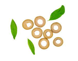 Green marinated olives isolated on a white background, clipping path, top-down