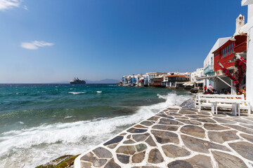 Obraz premium Mykonos island, view of Little Venice (Mikri Venetia) probably the most iconic part of Chora village.