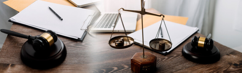 Business and lawyers discussing contract papers with brass scale on desk in office. Law, legal services, advice, justice and law concept picture with film grain effect