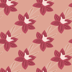 Meadow nature flora seamless pattern with doodle flower simple silhouetts. Pink colors backdrop. Simple design.
