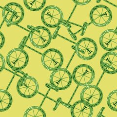 Circus seamless pattern with green colored bicycle elements print. Yellow pale background. Simple design.