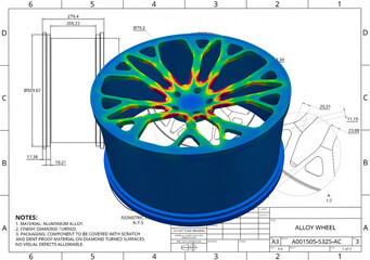 3D Illustration. Isometric facing upward view Von Mises engineering stress plot of vehicle alloy wheel on technical drawing © Mathew