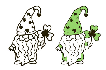 Gnomes with a clover leaf. Illustration for cutting, coloring and congratulations.