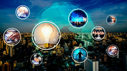 Business network web banner photo set in concept of management and growth by using corporate teamwork and people networking skills .