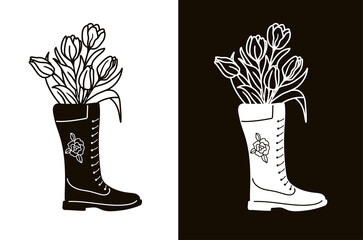 Stencil for cutting, burning or foiling. Bouquet of tulips in a boot.