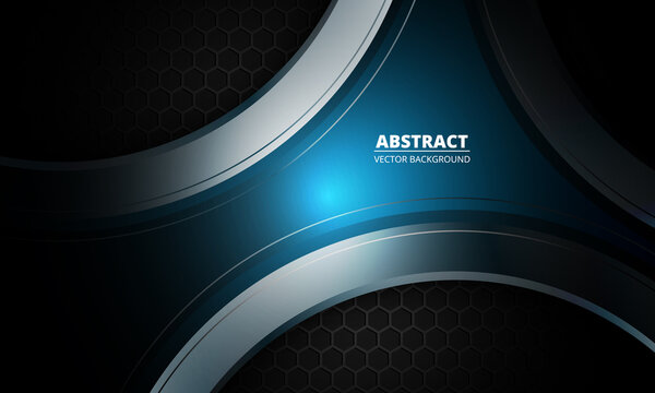 Dark futuristic abstract blue and gray vector background with hexagon carbon fiber. Dark background with honeycomb grid and abstract metallic blue shape. Futuristic modern sporty gaming banner.