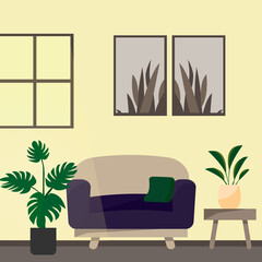 Modern living room with sofa and houseplants. Horizontal vector illustration