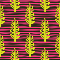 Scrapbook bright seamless pattern with bright yellow leaves branches elements print. Pink striped background.