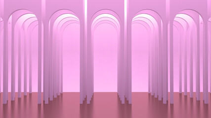 Round pink arches. Gallery of columns and portals. Architectural rectangular background. 3d render. 