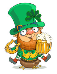 Vector cartoon. St. Patrick's Day card. Cute Leprechaun with a beer mug, coins, trefoil and a horseshoe in hand.