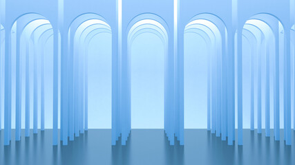 Blue interior. Round arches. Gallery of columns and portals. Architectural rectangular background. 3d render. 