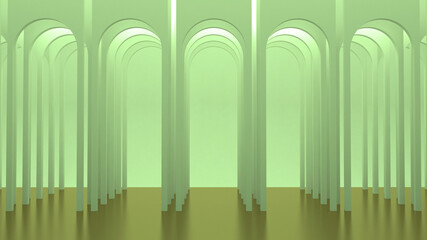 Green round arches. Gallery of columns and portals. Architectural rectangular background. 3d render. 