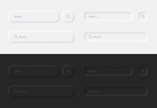 Search Bars In Different Variations UI Neumorphic Design Elements Set On Abstract Background. Aesthetic Neumorphism Style User Interface Components In Light And Dark Version