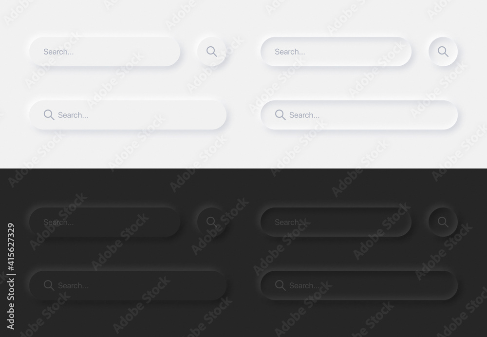 Poster search bars in different variations ui neumorphic design elements set on white black background. aes