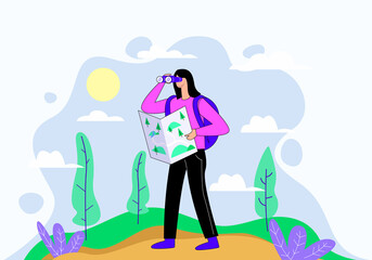 Girls traveling following the map illustration concept vector