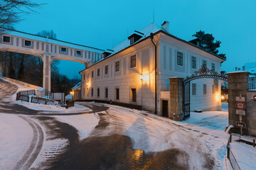 Panoramic view of Cesky Krumlov in winter season, Czech Republic. View of the snow-covered roofs. Travel and Holiday in Europe. Christmas time. Historical houses and streets. UNESCO World Heritage