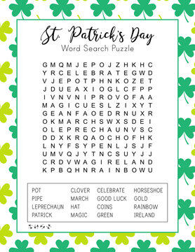 St. Patrick's Day word search puzzle. Festive worksheet for learning English words. Holiday crossword for children. Logic game for kids and adults. Vector party card.  
