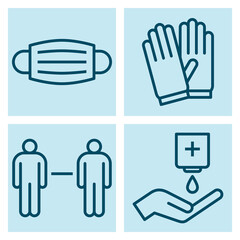 Protective mask, protective gloves, keep social distance and disinfect your hands sign